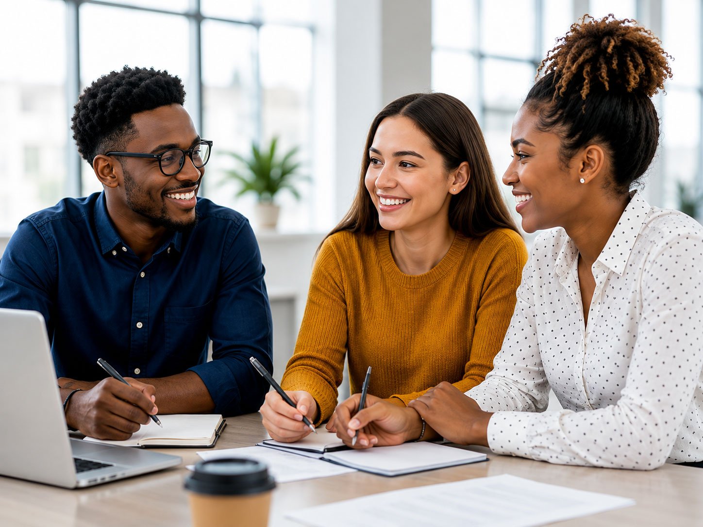 Professionals collaborating in a modern workplace